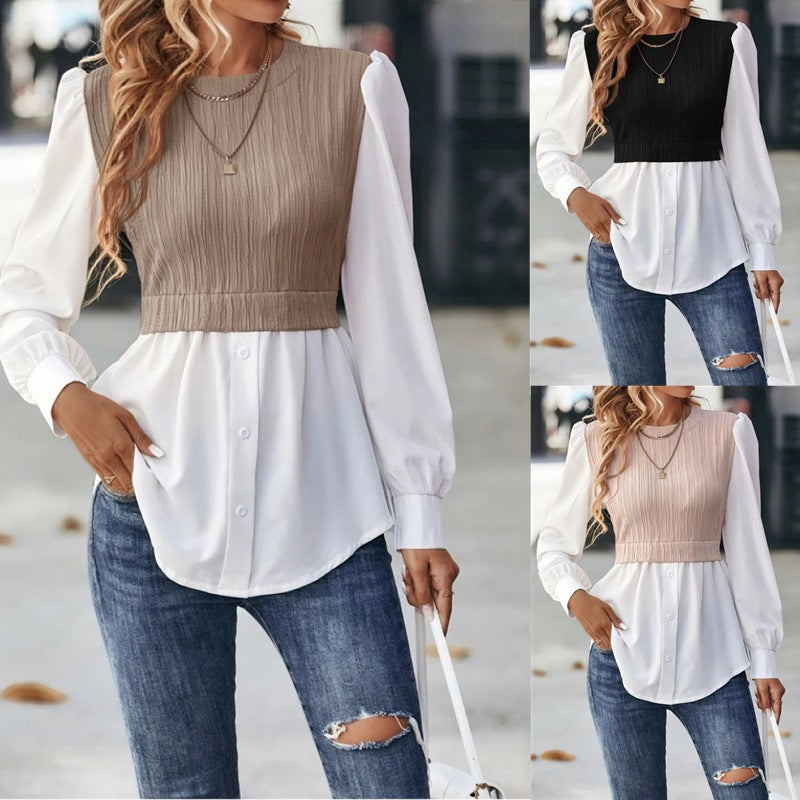 Wavy Stripes Stitching Fashion Temperament Blouse