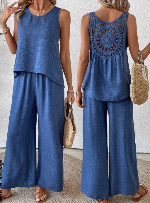 Solid Tank Top & Wide Leg Pants For Summer Vacation