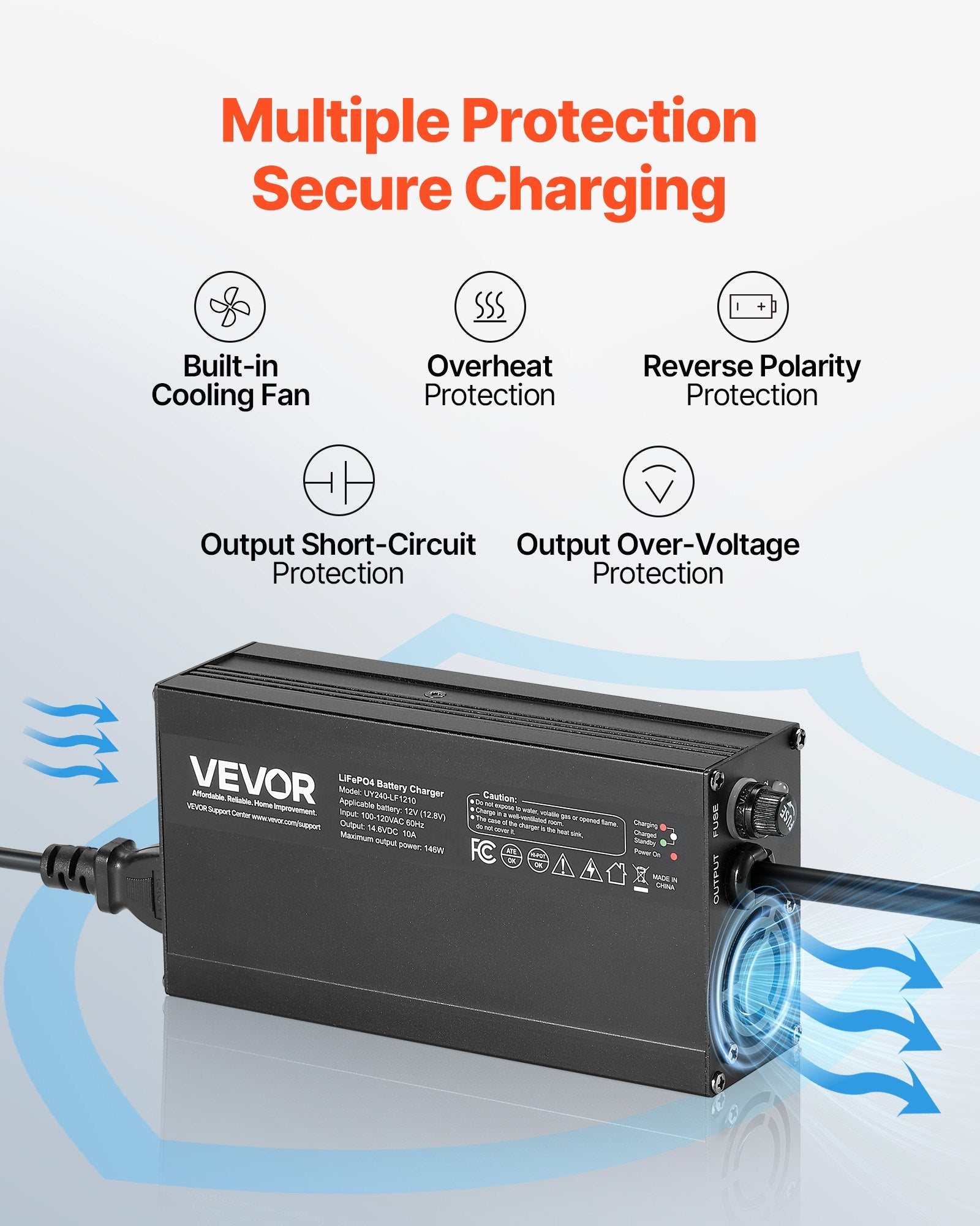 12V 10A Lithium Battery Charger 14.6V AC-DC LiFePO4 Smart Charger For RV