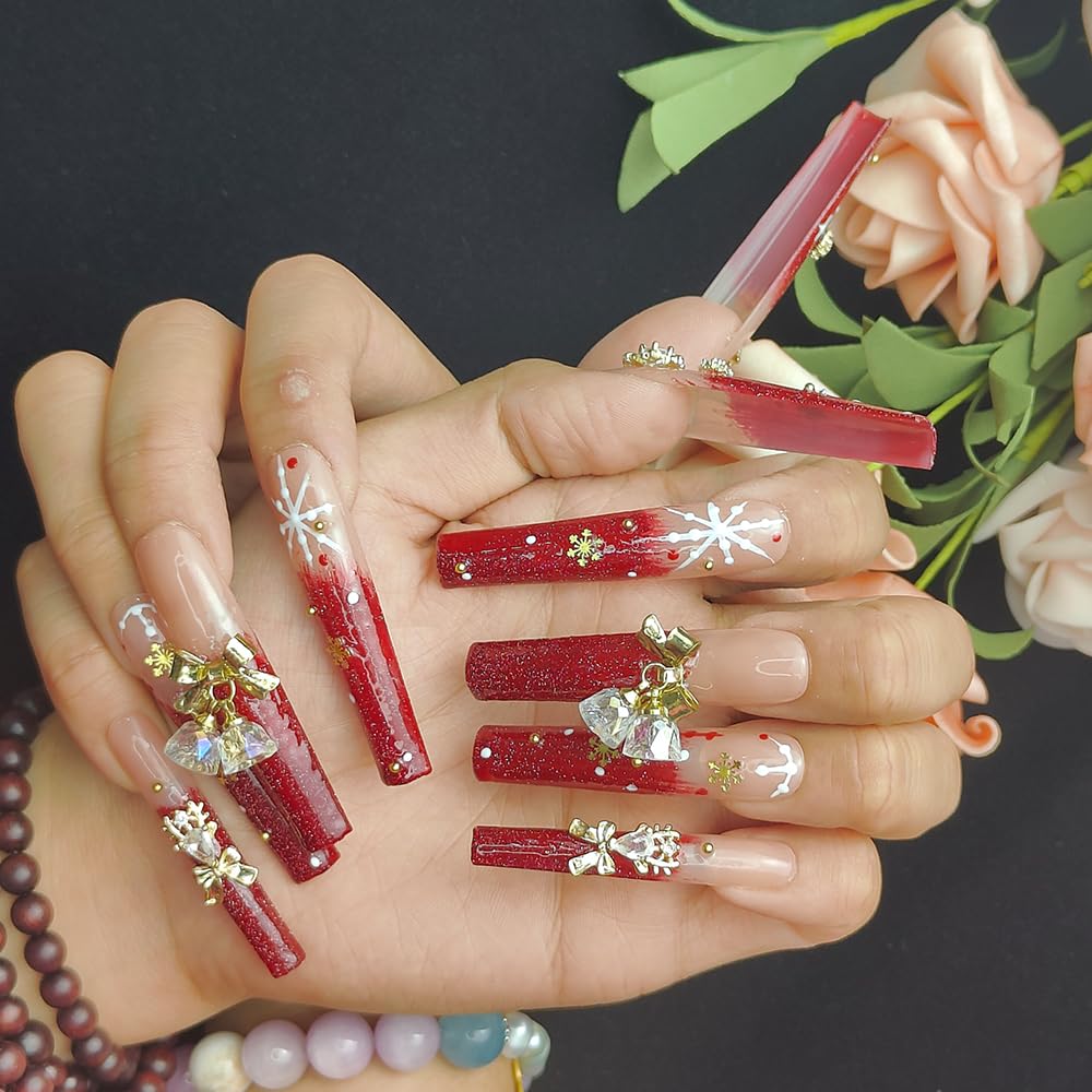 GGddsha Long Handmade PMMA Acrylic Nails Red WithSnowflake Rhinestone Bell Design Reusable Full CoverageFalse Nail Ladies False Nail Set,Lumiere Neige