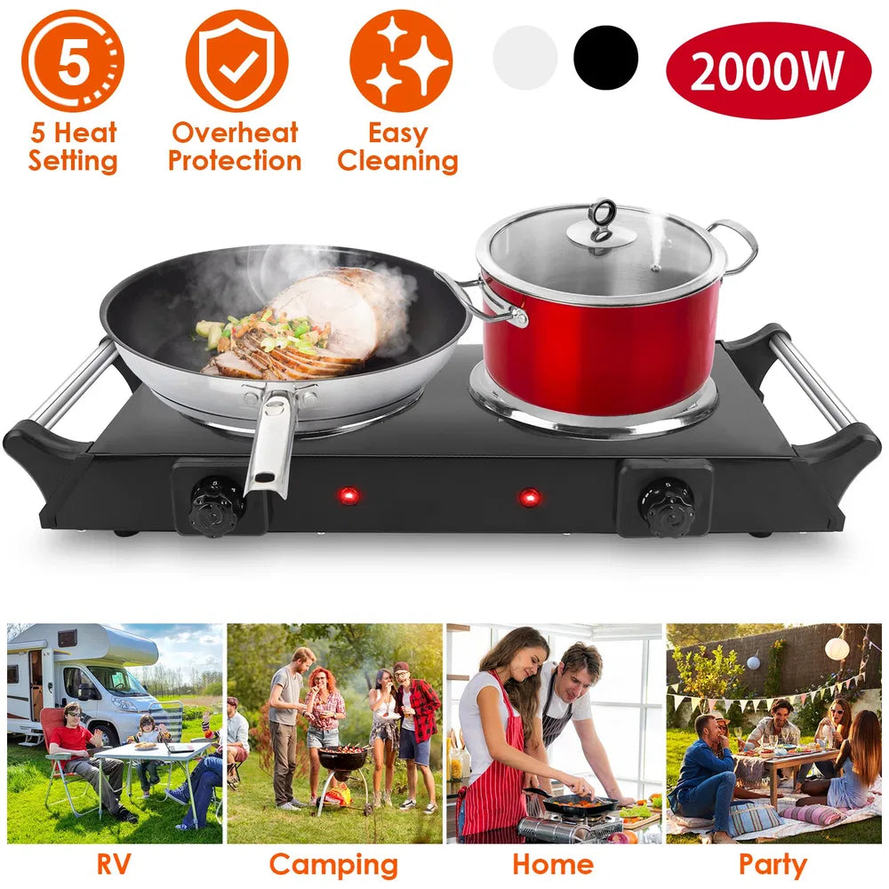 2000W Electric Dual Burner Portable Coil Heating Hot Plate Stove Countertop RV Hotplate With 5 Temperature Adjustments Portable Handles