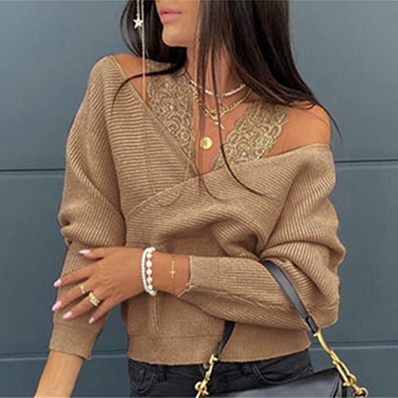 Women's Off-Shoulder Lace Trim Top, Slim Fit Long Sleeve Sexy Y2K Blouse