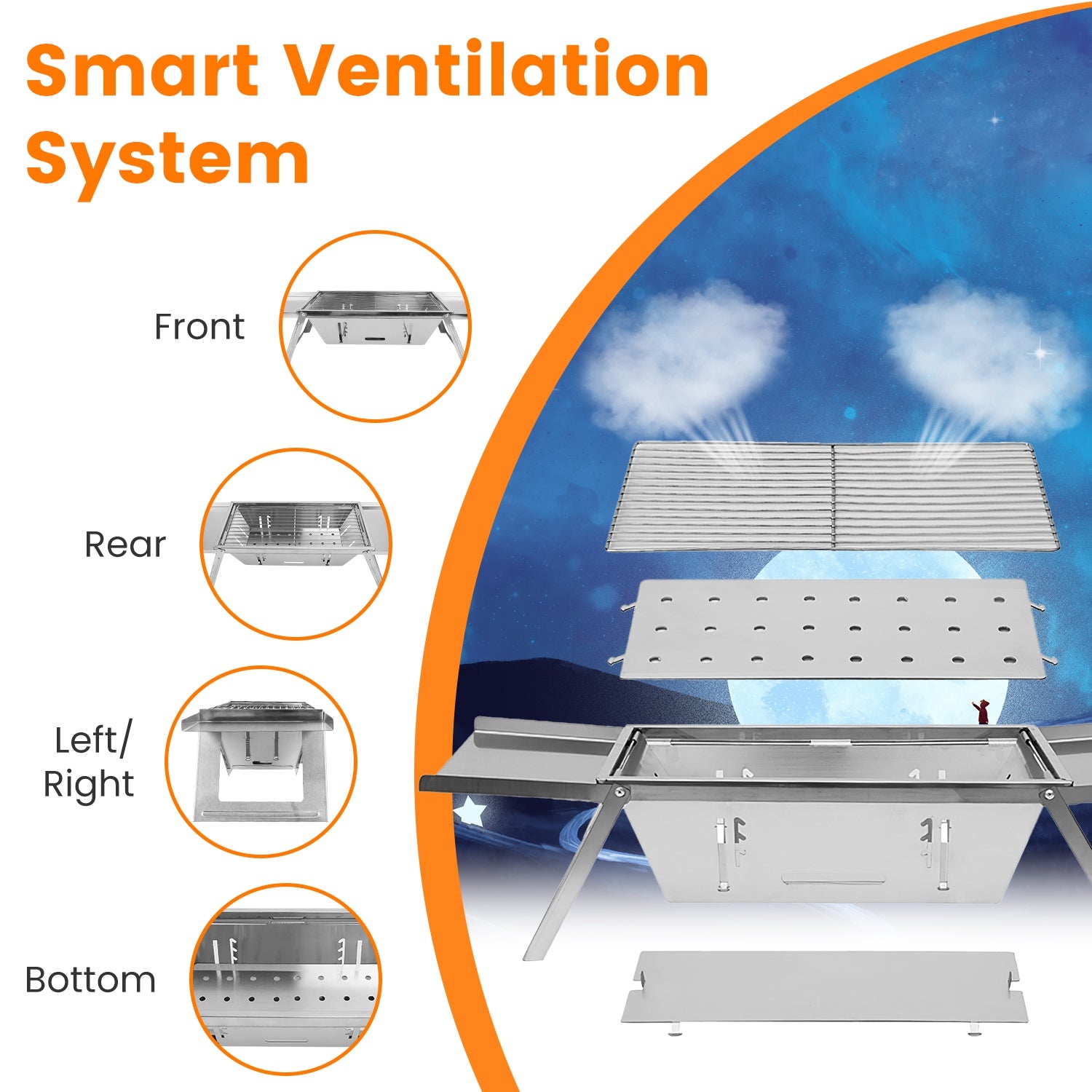 1 Set 3 In 1 Foldable Charcoal Grill Fire Pit Slow Cooker 2-3 People Portable Camping Grill Stainless Steel BBQ Grill For Camping Tailgating Yard