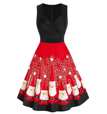 Christmas Women's Fur Patchwork V-neck Long Sleeved Dress