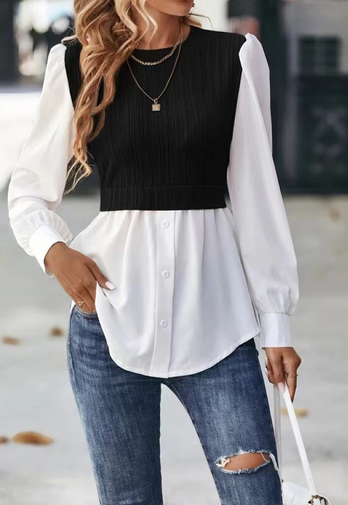 Wavy Stripes Stitching Fashion Temperament Blouse