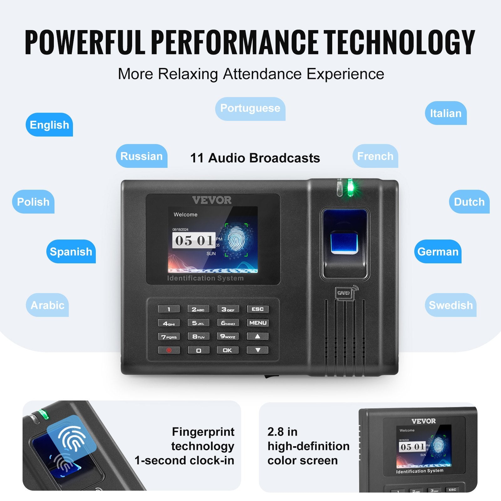 Time Clock, Employee Attendance Machine With Fingerprint, RFID And PIN Punching In One, Standalone Biometric Clock In Machine For Employees Small Business With 5 RFID Cards & No Monthly Fees