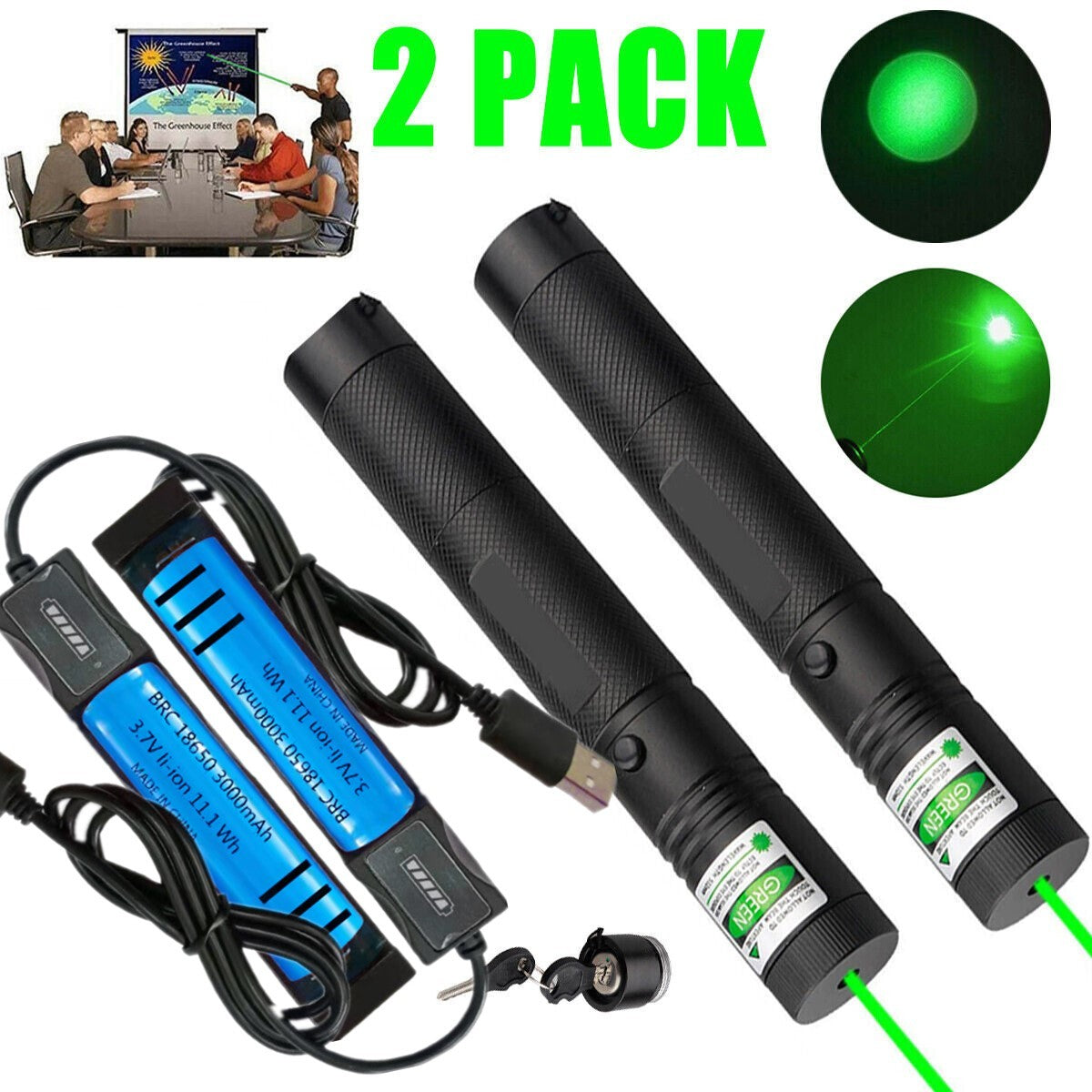 Green Laser Pointer Pen Light 9900Mile Strong Visible Beam Lazer AAA Torch 532nm USB Rechargeable Flashlight