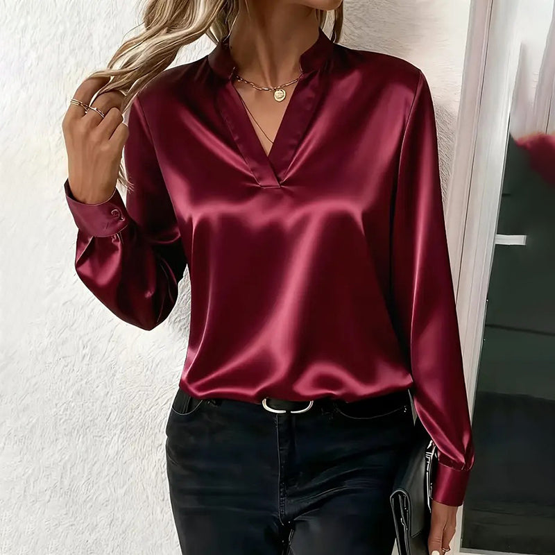Women's Elegant Solid Color V-Neck Blouse, Button Cuff Long Sleeve Wrinkle Resistant Office Shirt