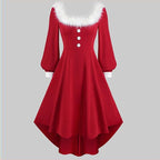 Christmas Women's Fur Patchwork V-neck Long Sleeved Dress