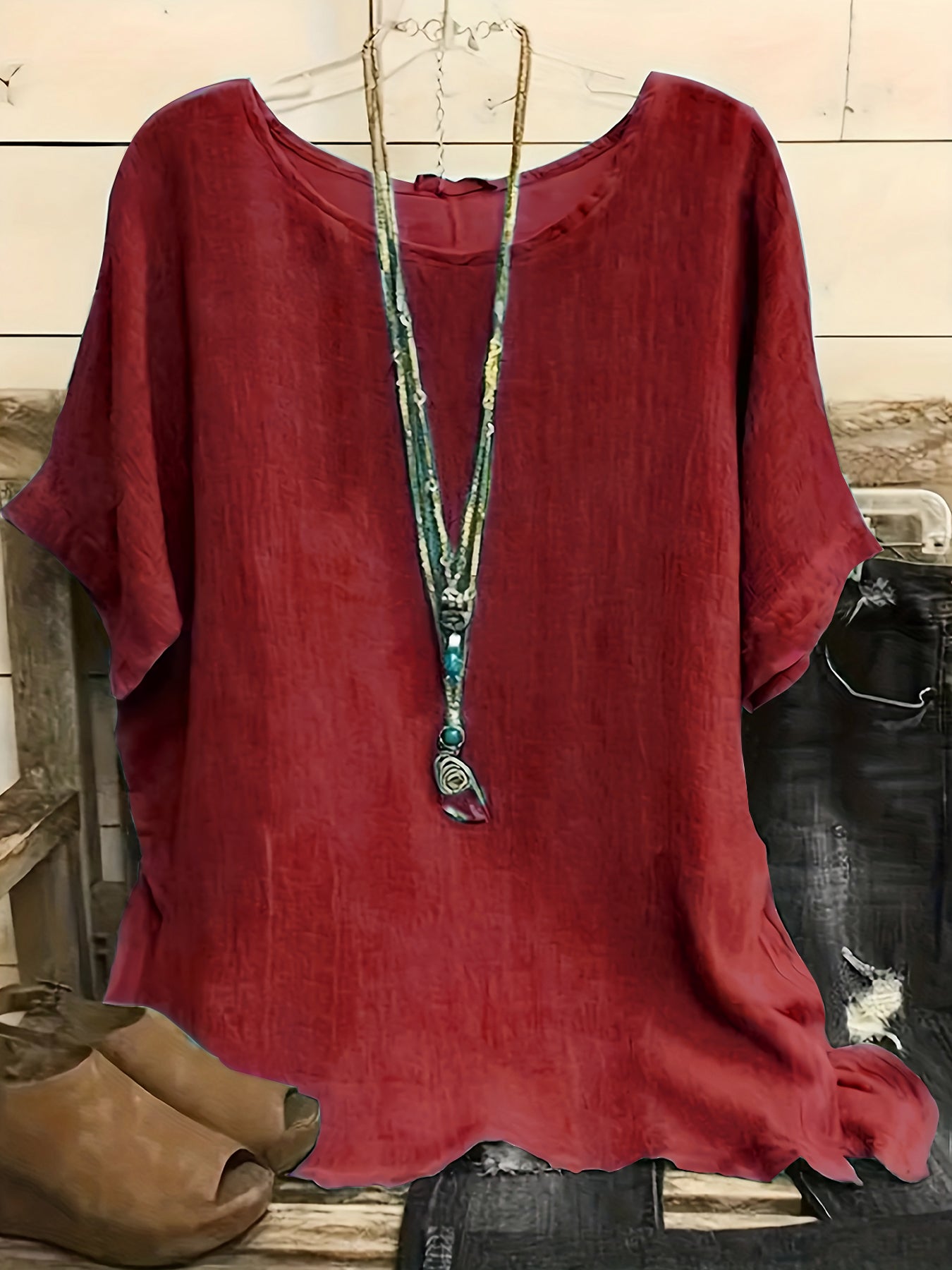 Women Fashion Casual Shirts Solid Color 3 4 Sleeve Round Neck Blouses Summer Loose Tops Streetwear