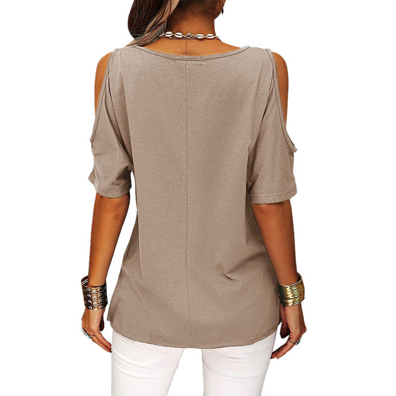 Womens Summer Trendy Shirts V Neck Cold Shoulder Tops Solid Color Casual Loose Sexy Blouse