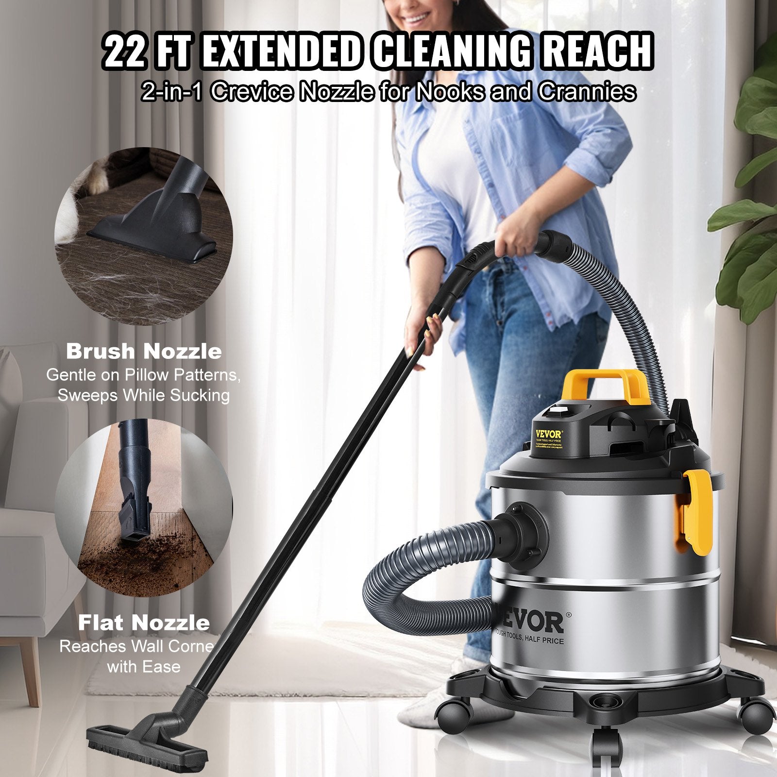 Stainless Steel Wet Dry Shop Vacuum, 5.5 Gallon 6.5 Peak HP Wet/Dry Vac, Powerful Suction With Blower Function W/ Attachment 2-in-1 Crevice Nozzle, Small Vac Perfect For Carpet Debris, Pet Hair