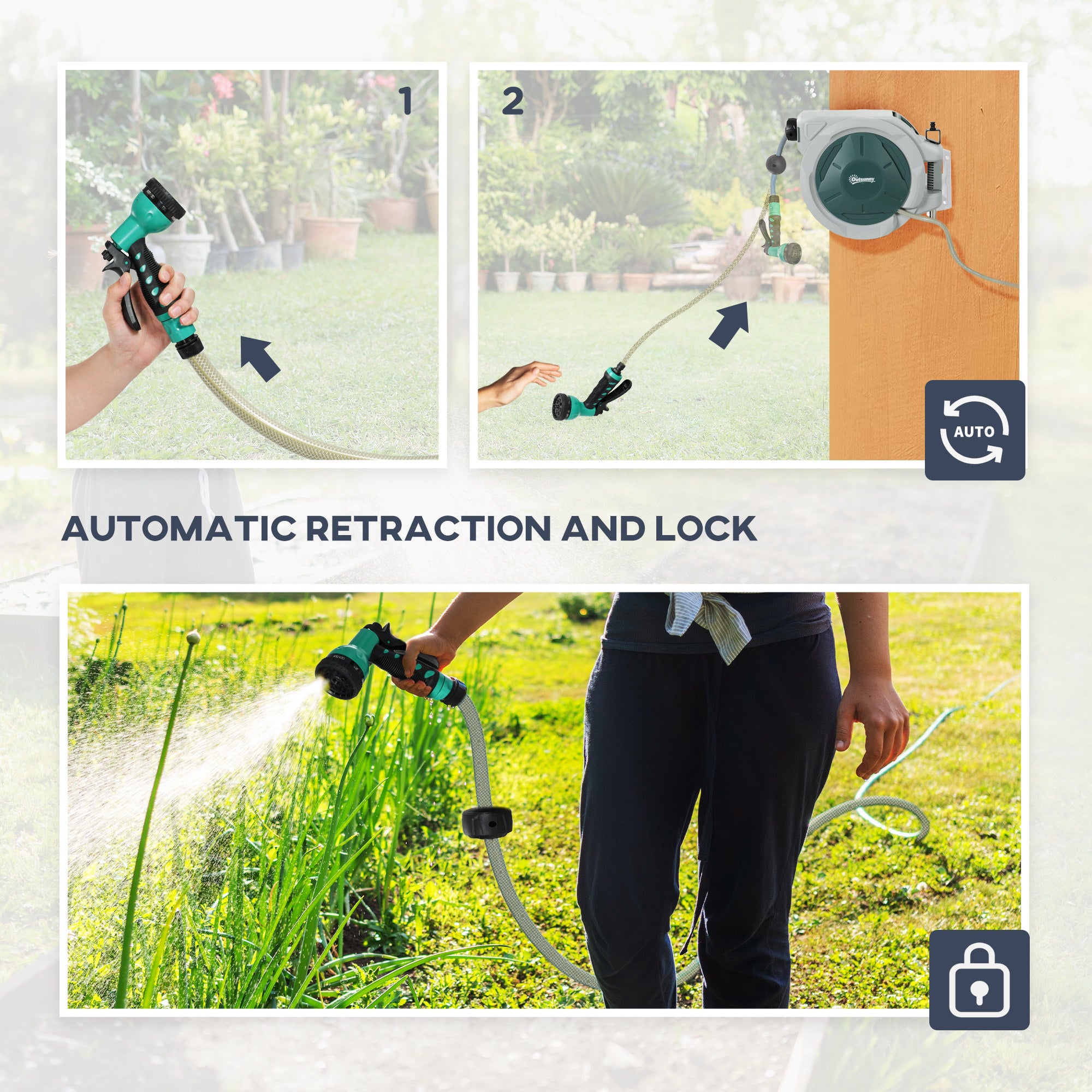 Outsunny Retractable Hose Reel Wall Mounted, 20 2m Garden Hose Pipe Reel With Lock, Auto Rewind, 7 In 1 Spray Nozzle, Green