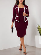 Chic 2-in-1 Contrast Trim Bodycon Dress - Long Sleeve, Figure-Hugging, Versatile For Office & Beyond - Womens Work Wear Amazon Does Not Sell