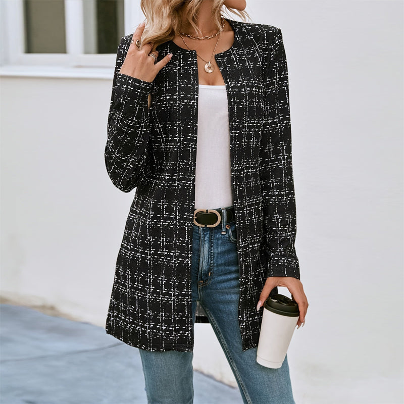 Women's Elegant Black White Checkered Collarless Casual Mid-Length Jacket Versatile For Semi-Formal & Casual Occasions