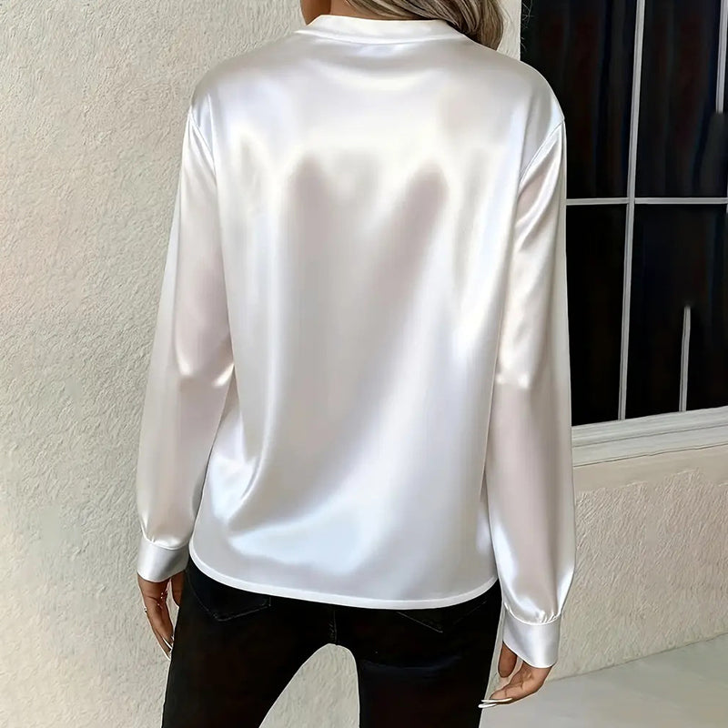 Women's Elegant Solid Color V-Neck Blouse, Button Cuff Long Sleeve Wrinkle Resistant Office Shirt