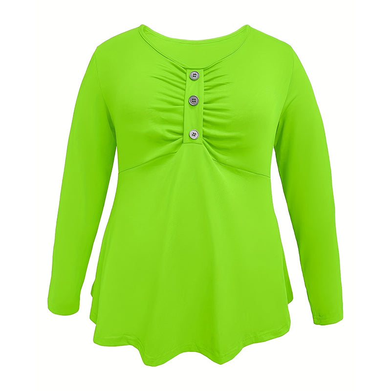 Plus Size V-Neck Tunic Top - Loose Fit Casual Blouse With Button Detail & Pleats For Spring Fall