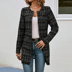 Women's Elegant Black White Checkered Collarless Casual Mid-Length Jacket Versatile For Semi-Formal & Casual Occasions
