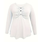 Plus Size V-Neck Tunic Top - Loose Fit Casual Blouse With Button Detail & Pleats For Spring Fall