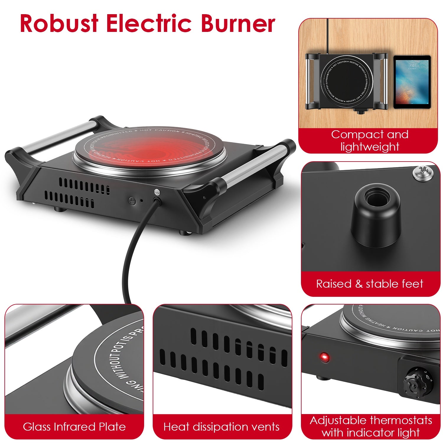 1 Thousand Power Electric Single Burner Portable Heating Hot Plate Stove Countertop RV Hotplate With 5 Temperature Stepless Adjustments Portable Handles
