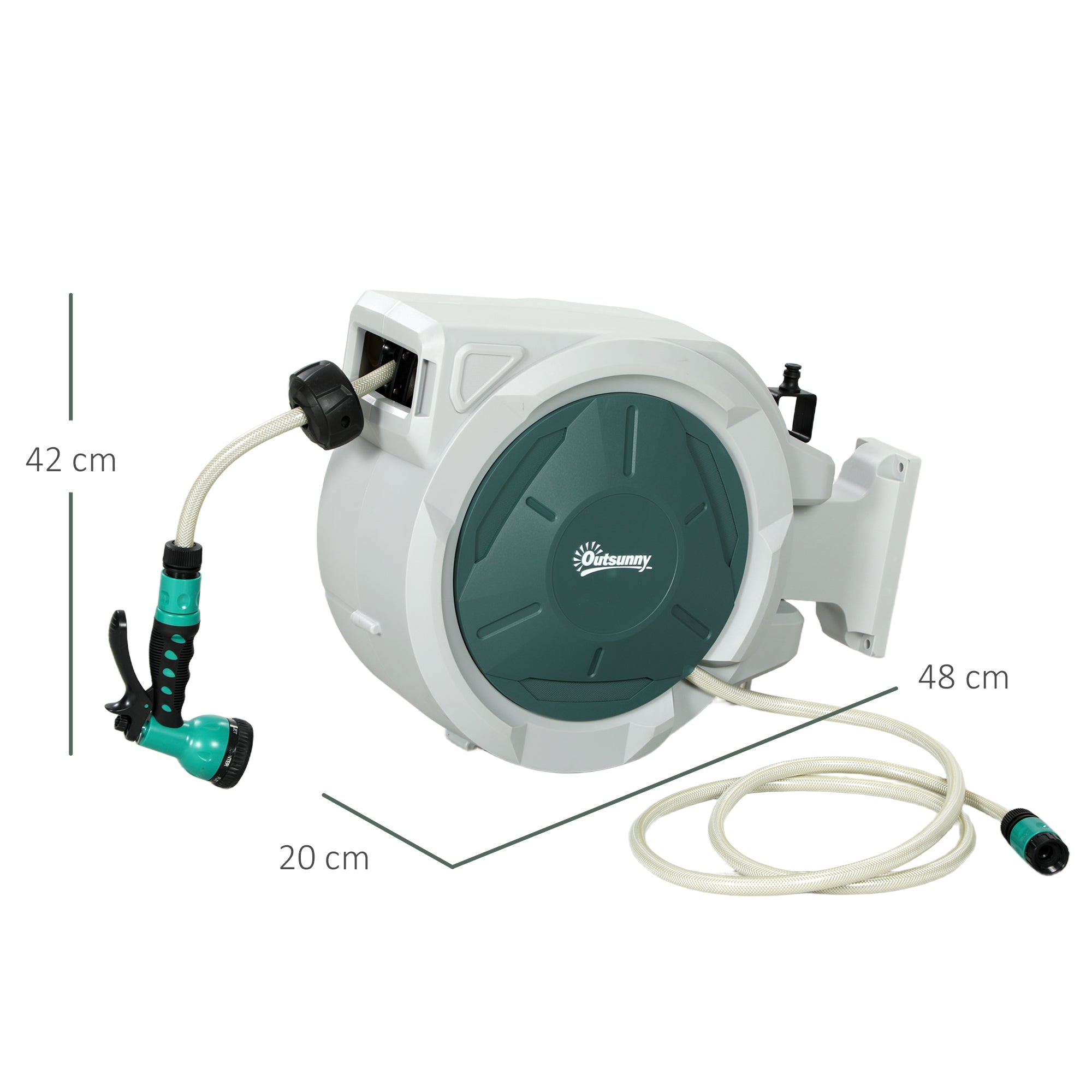 Outsunny Retractable Hose Reel Wall Mounted, 20 2m Garden Hose Pipe Reel With Lock, Auto Rewind, 7 In 1 Spray Nozzle, Green