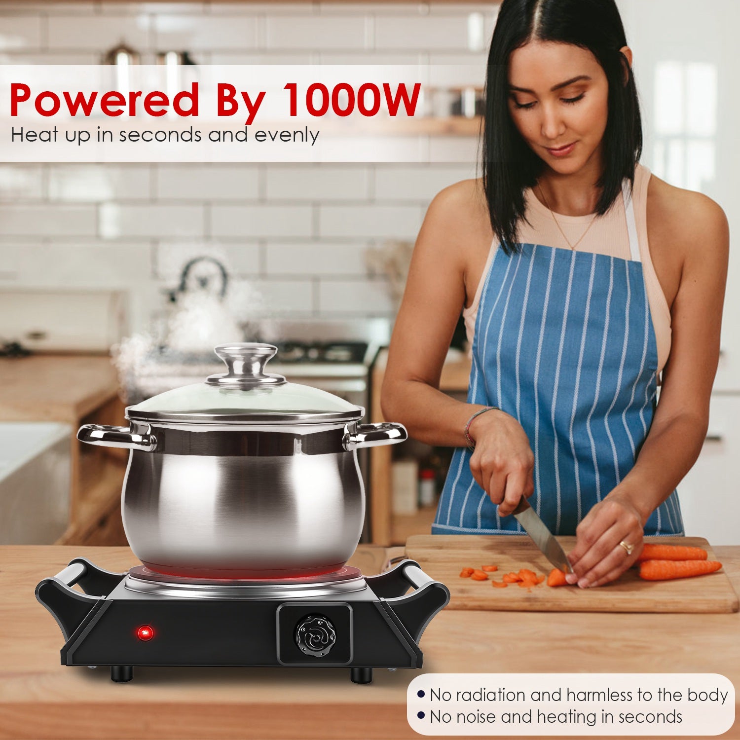 1 Thousand Power Electric Single Burner Portable Heating Hot Plate Stove Countertop RV Hotplate With 5 Temperature Stepless Adjustments Portable Handles