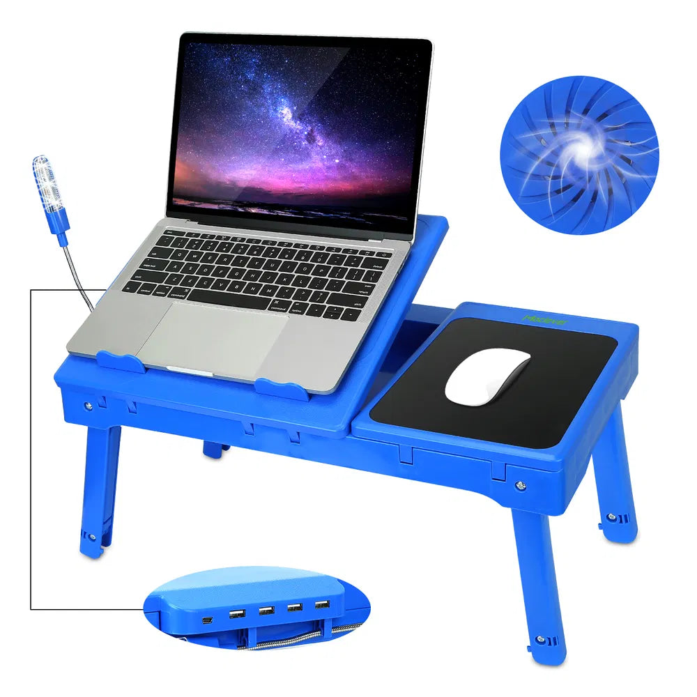 Foldable Laptop Table Bed Notebook Desk With Cooling Fan Mouse Board LED Light 4 XUSB Ports Breakfast Snacking Tray