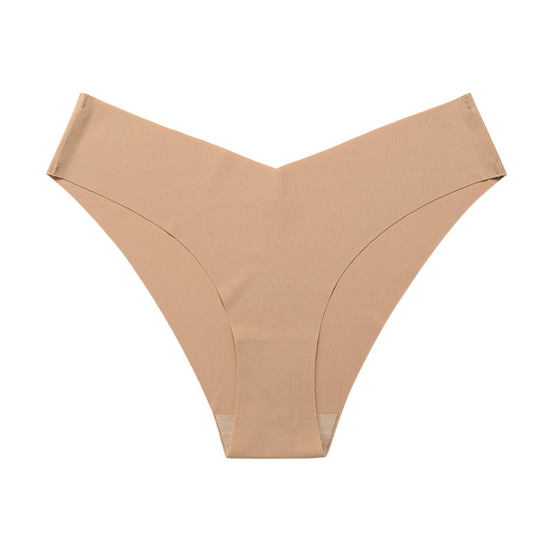 Seamless Ice Silk Underwear For Women With V-shaped Waistband. One-piece Pure Cotton Crotch Breathable Women's Briefs.