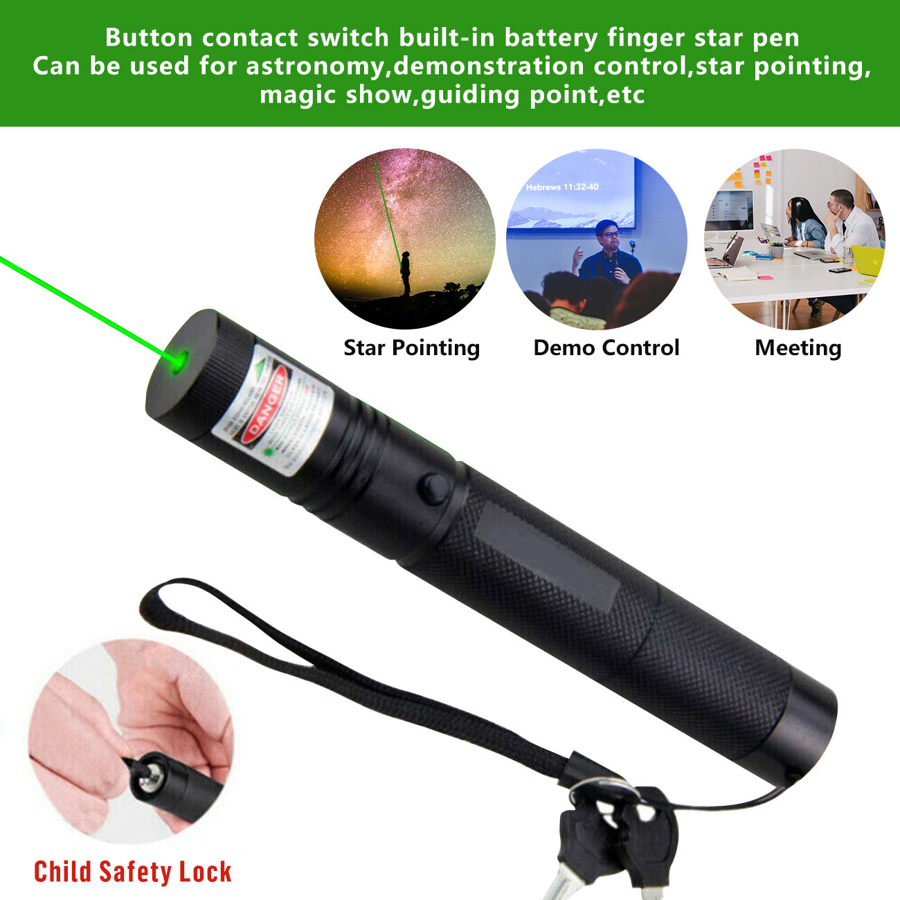 Green Laser Pointer Pen Light 9900Mile Strong Visible Beam Lazer AAA Torch 532nm USB Rechargeable Flashlight