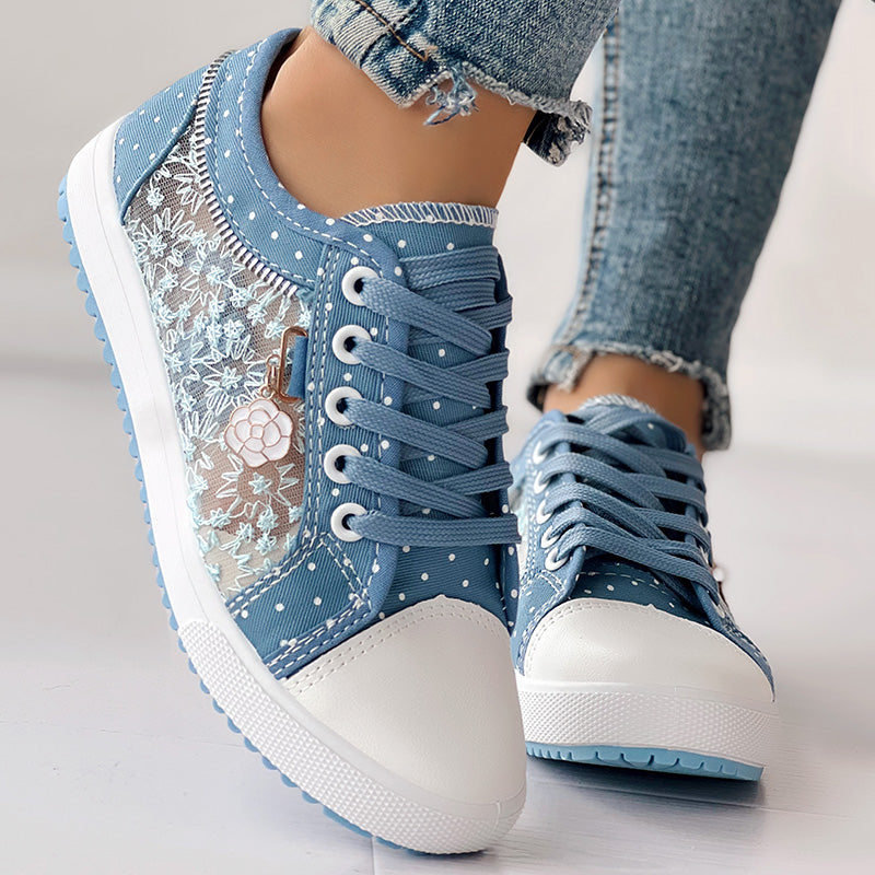 Floral Embroidered Polka Dot Print Sneakers