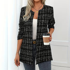 Women's Elegant Black White Checkered Collarless Casual Mid-Length Jacket Versatile For Semi-Formal & Casual Occasions