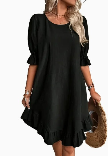 Solid Ruffle Hem Flounce Sleeve Dress