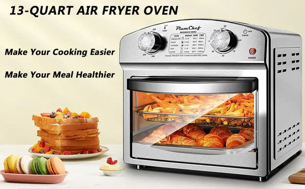 Stainless Steel 12-Liter Air Fryer, Dual Knob Control, 450°F Temperature Range, 60-Min Timer, Presets For French Fries, Pizza, Chicken, Fish, And Toast, Family-Sized Capacity Oven