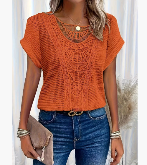 Summer Hollow Out Short-sleeved T-shirt Fashion Ethnic Style Tops Women's Clothing