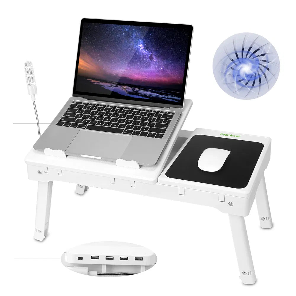 Foldable Laptop Table Bed Notebook Desk With Cooling Fan Mouse Board LED Light 4 XUSB Ports Breakfast Snacking Tray