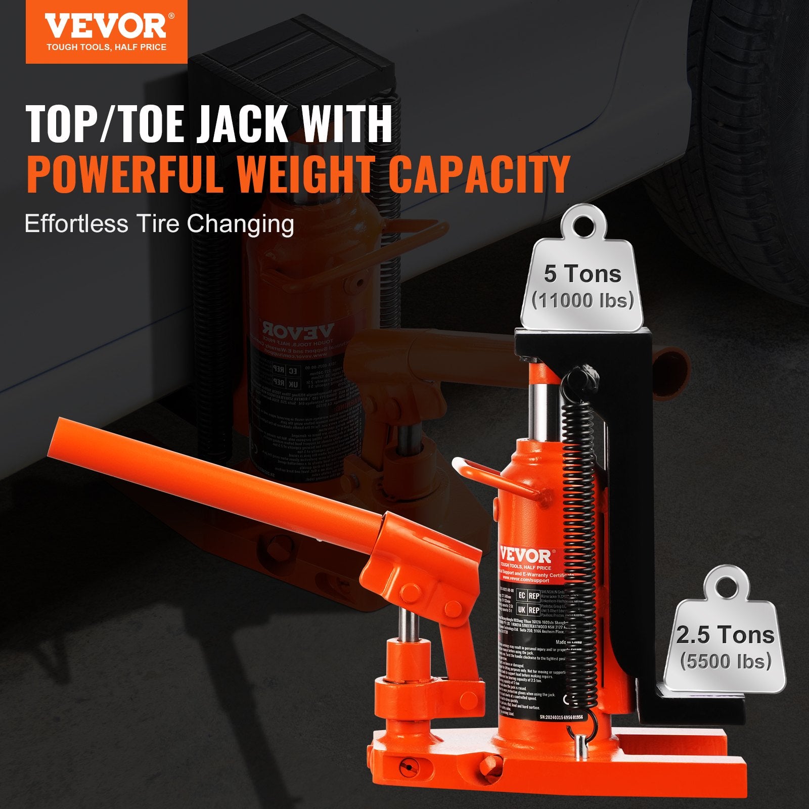 Hydraulic Toe Jack, 2.5 Ton/2268 Kg On Toe Toe Jack Lift, 5 Ton/4536 Kg On Top Lift Capacity Machine Jack