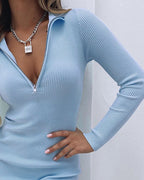 Autumn Fashion Polo Collar Zipper High Waist Long Sleeves Bottoming Dress