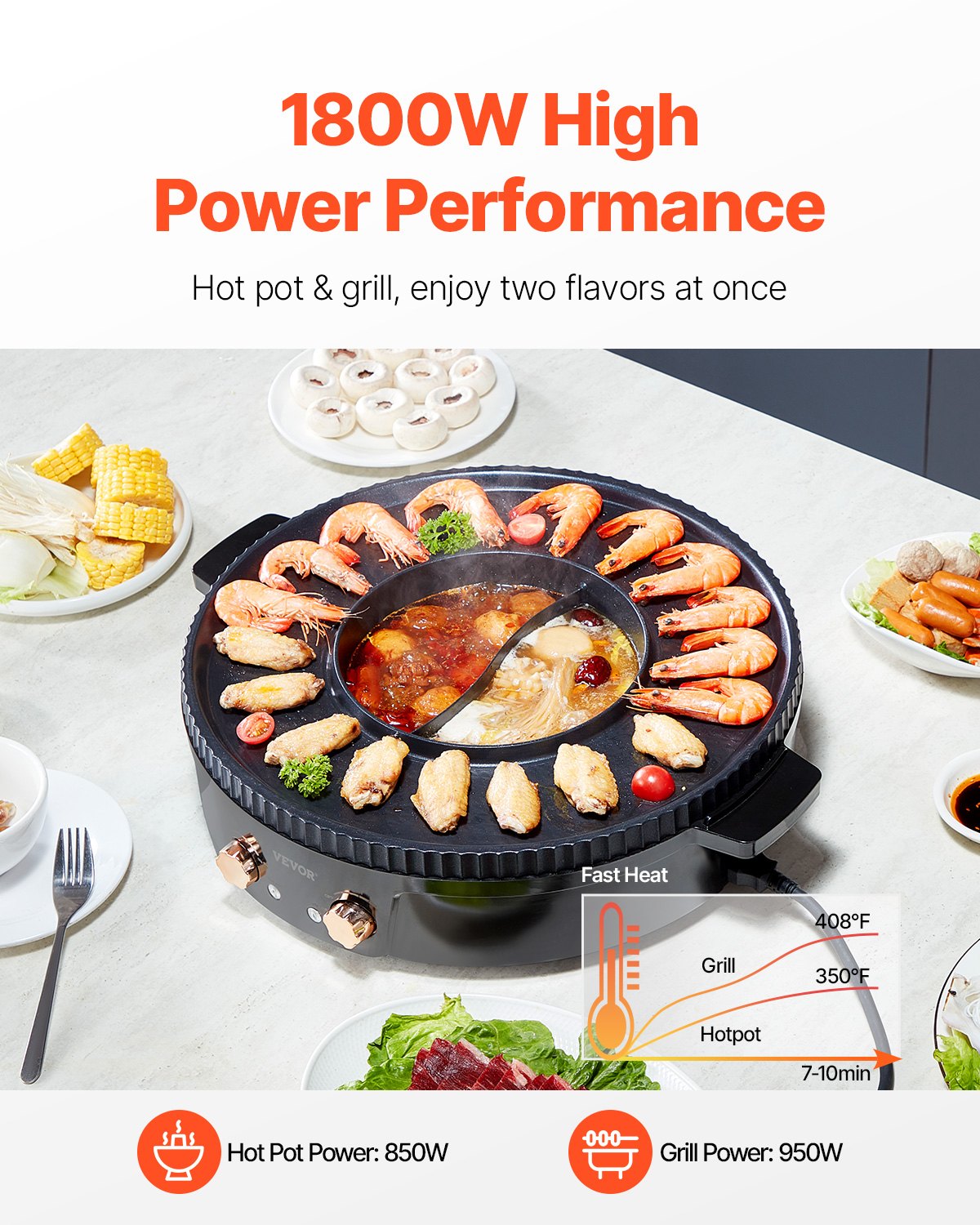 Hot Pot With Grill 1800W 2-in-1 Electric Smokeless Grill Hot Pot For 2-8 People