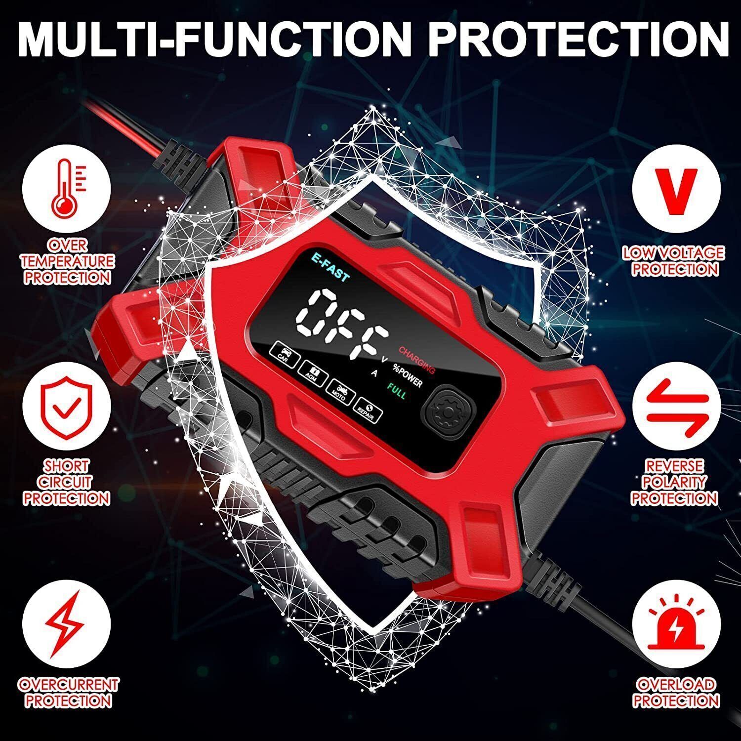 12V & 6A Smart Car Battery Charger Intelligent Pulse Repair Motor Battery AGM & GEL