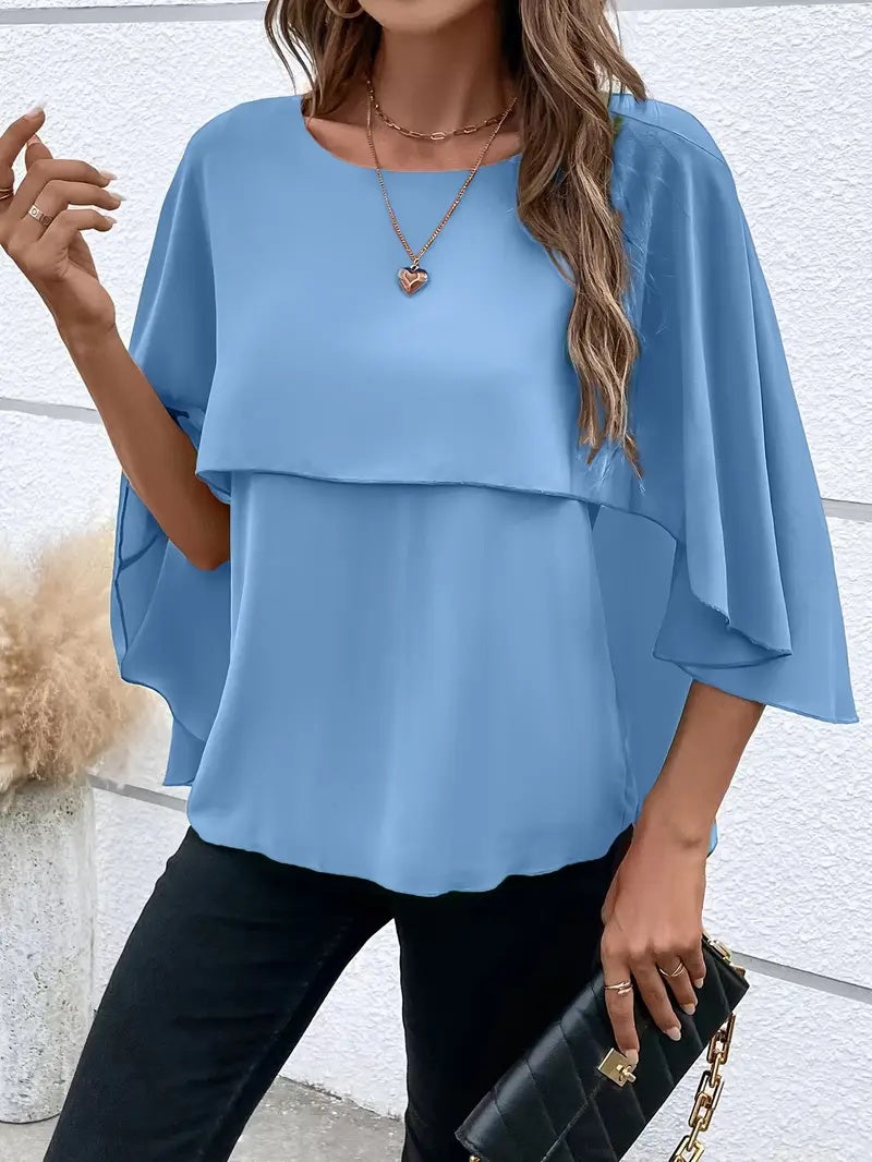 Solid Layered Cloak Sleeve Blouse, Versatile Crew Neck Blouse For Spring & Fall, Women's Clothing