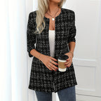 Women's Elegant Black White Checkered Collarless Casual Mid-Length Jacket Versatile For Semi-Formal & Casual Occasions