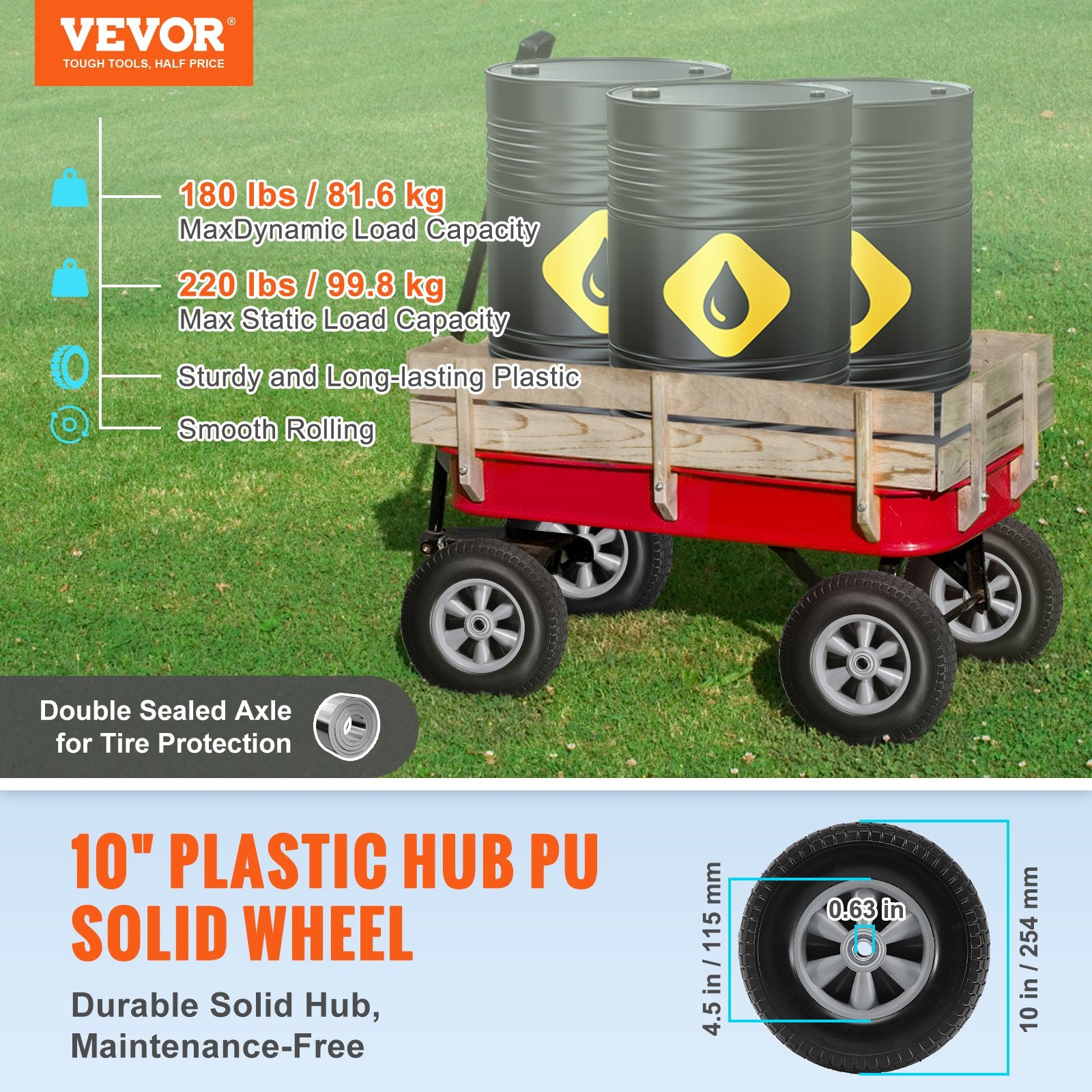 Solid PU Run-Flat Tire Wheel, 10', 2-Pack, 180 Lbs Dynamic Load, 220 Lbs Static Load, Flat Free Tubeless Tires And Wheels For Hand Truck, Utility Cart, Dollies, Garden Trailers, Various Carts