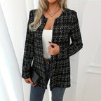 Women's Elegant Black White Checkered Collarless Casual Mid-Length Jacket Versatile For Semi-Formal & Casual Occasions