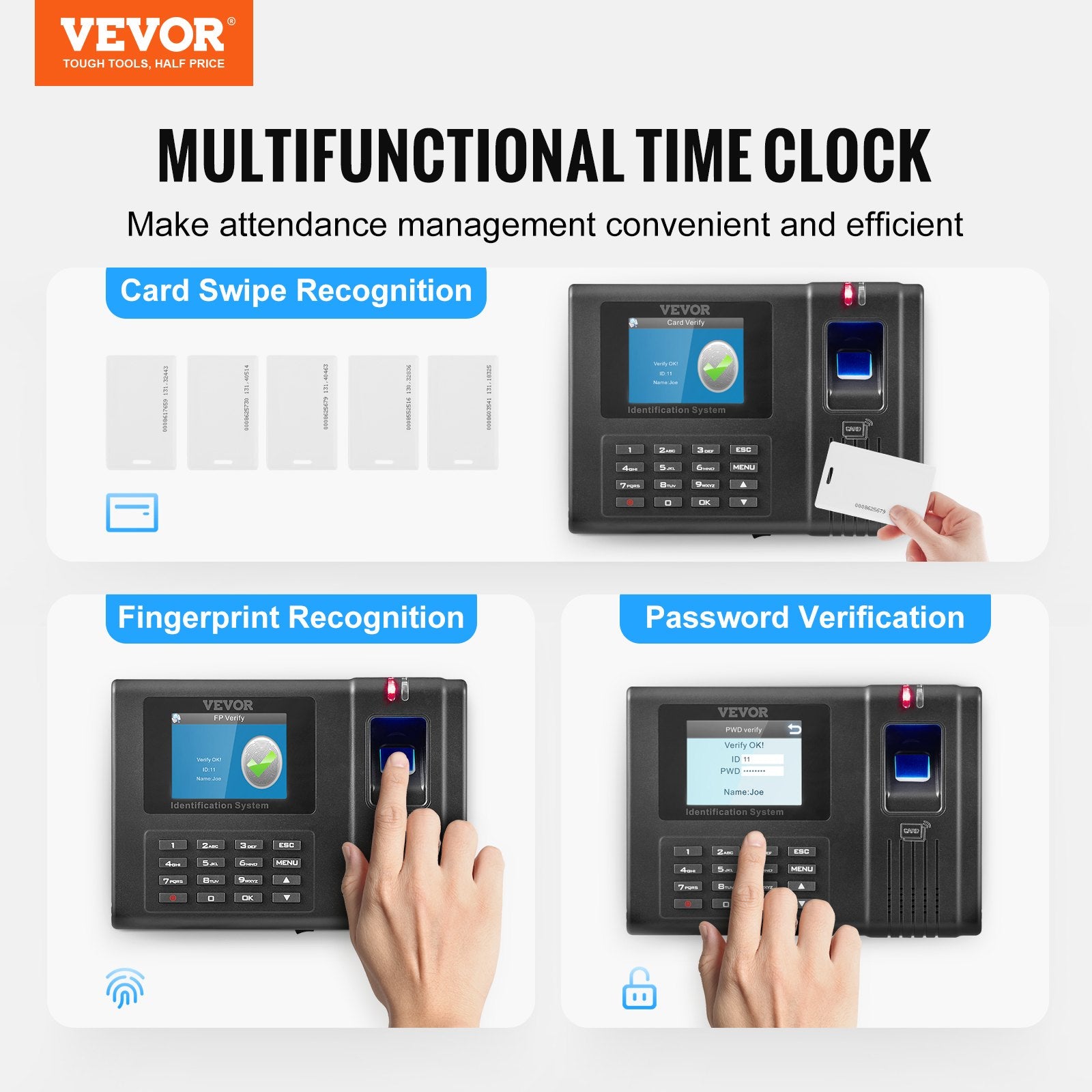 Time Clock, Employee Attendance Machine With Fingerprint, RFID And PIN Punching In One, Standalone Biometric Clock In Machine For Employees Small Business With 5 RFID Cards & No Monthly Fees