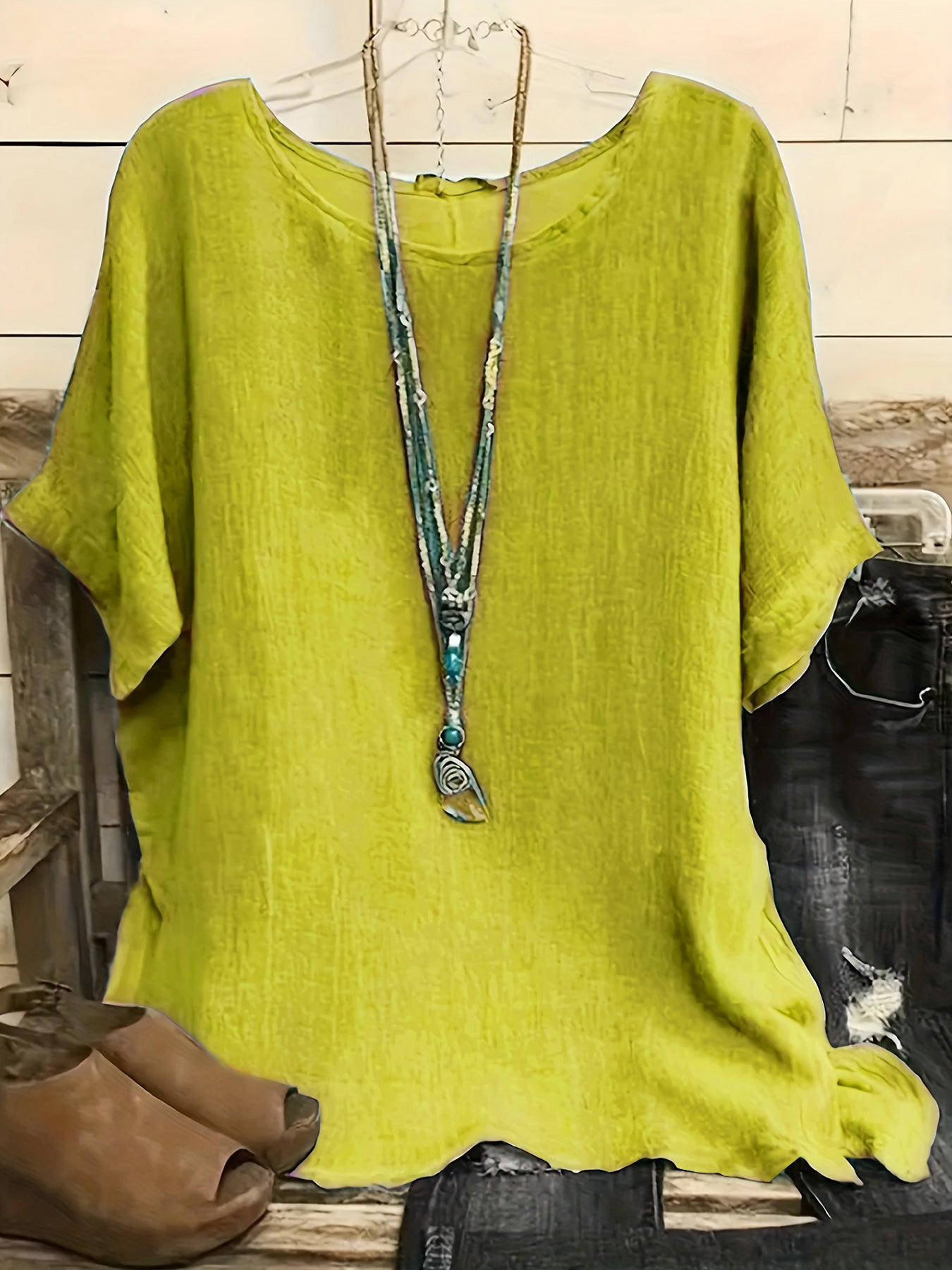 Women Fashion Casual Shirts Solid Color 3 4 Sleeve Round Neck Blouses Summer Loose Tops Streetwear