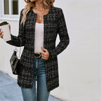 Women's Elegant Black White Checkered Collarless Casual Mid-Length Jacket Versatile For Semi-Formal & Casual Occasions