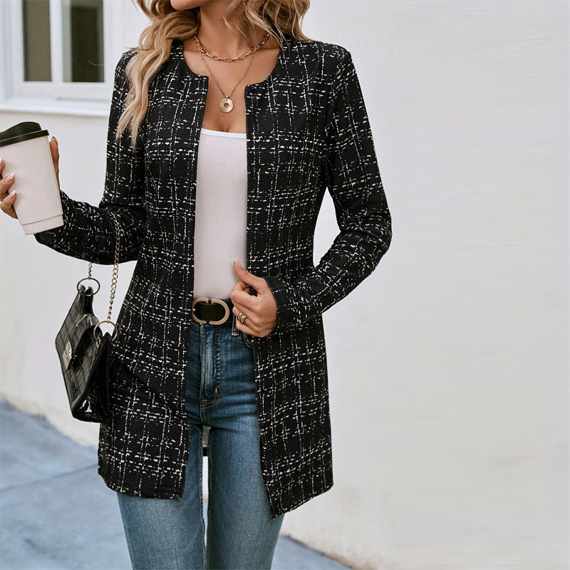 Women's Elegant Black White Checkered Collarless Casual Mid-Length Jacket Versatile For Semi-Formal & Casual Occasions