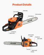 52 Cc Gas Chainsaw, 18 Inch Gas Powered Chainsaw, 2.4 HP Power Chain Saw With Non-Slip Handle, Gas-Powered Chainsaws With Dual Fuel Tanks, For Wood Cutting, Tree Trimming, And Land Clearing