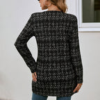 Women's Elegant Black White Checkered Collarless Casual Mid-Length Jacket Versatile For Semi-Formal & Casual Occasions
