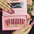 GGddsha Long Handmade PMMA Acrylic Nails Red WithSnowflake Rhinestone Bell Design Reusable Full CoverageFalse Nail Ladies False Nail Set,Lumiere Neige